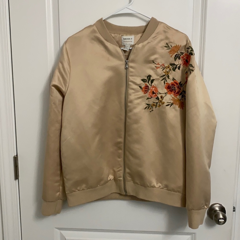 FOREVER 21 Beige Vintage Flowers Bomber Jacket L